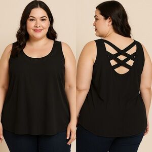Zenobia Black Sleeveless Chiffon Crisscross Back Tank Top 1X NWT
